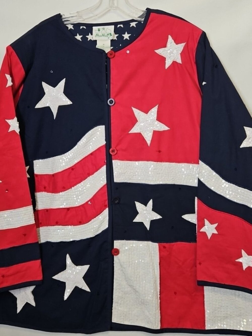 The Quacker Factory Womens Blazer Jacket Sz 1X Patriotic US Flag Stars Stripes